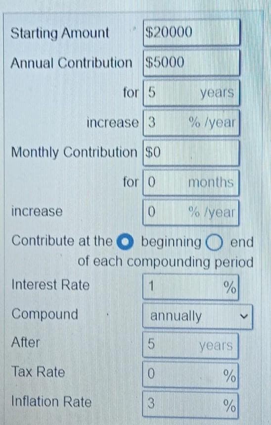 Starting Amount
$20000
Annual Contribution $5000
for 5
years
increase 3
% /year
Monthly Contribution $0
for 0
months
increase
0
%/year
Contribute at the
beginning end
of each compounding period
Interest Rate
1
%
Compound
annually
After
5
Tax Rate
0
Inflation Rate
3
years
%
%
>