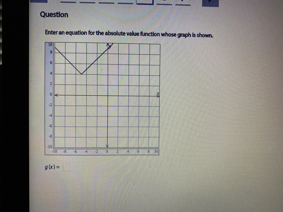 Questlon
Enter an equation for the absolute value function whose graph is shown.
10
2
-2
-8
-10
-10 -8
-61
-4
-2
2.
8.
10
g(x) =
