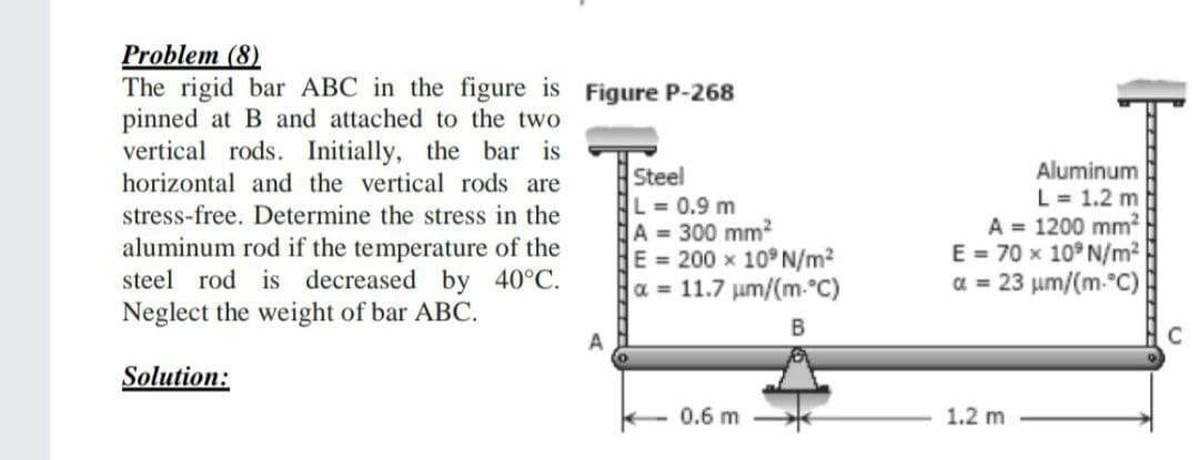 Problem (8)
The rigid bar ABC in the figure is Figure P-268
pinned at B and attached to the two
vertical rods. Initially, the bar is
Steel
L = 0.9 m
A 300 mm2
E = 200 x 10 N/m2
a 11.7 um/(m-°C)
Aluminum
L = 1.2 m
A = 1200 mm²
E = 70 x 10 N/m2
α- 23 μη/ (m."C)
horizontal and the vertical rods are
stress-free. Determine the stress in the
aluminum rod if the temperature of the
steel rod is decreased by 40°C.
Neglect the weight of bar ABC.
Solution:
0.6 m
1.2 m
