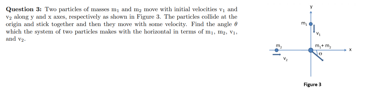 y
Question 3: Two particles of masses m1 and m2 move with initial velocities v1 and
V2 along y and x axes, respectively as shown in Figure 3. The particles collide at the
origin and stick together and then they move with some velocity. Find the angle 0
which the system of two particles makes with the horizontal in terms of m1, m2, v1,
and v2-
m,
V1
m2
m,+ m2
e
V2
Figure 3
