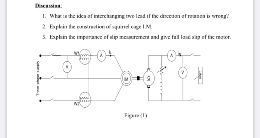 Discussion:
1. What is the idea of interchanging two lead if the direction of rotation is wrong?
2. Explain the construction of squirrel cage I.M.
3. Explain the importance of slip measurement and give full load slip of the motor.
W1
A
A
V
IM
G
W2
Figure (1)
Three phase supply
Lòad
