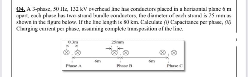 04. A 3-phase, 50 Hz, 132 kV overhead line has conductors placed in a horizontal plane 6 m
apart, each phase has two-strand bundle conductors, the diameter of each strand is 25 mm as
shown in the figure below. If the line length is 80 km. Calculate (i) Capacitance per phase, (ii)
Charging current per phase, assuming complete transposition of the line.
0.3m
25mm
6m
6m
Phase A
Phase B
Phase C
