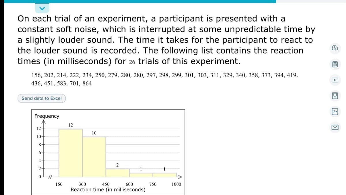 On each trial of an experiment, a participant is presented with a
constant soft noise, which is interrupted at some unpredictable time by
a slightly louder sound. The time it takes for the participant to react to
the louder sound is recorded. The following list contains the reaction
times (in milliseconds) for 26 trials of this experiment.
156, 202, 214, 222, 234, 250, 279, 280, 280, 297, 298, 299, 301, 303, 311, 329, 340, 358, 373, 394, 419,
436, 451, 583, 701, 864
Send data to Excel
Aa
Frequency
12
12-
10
10-
8-
6.
4.
2
2-
150
300
450
600
750
1000
Reaction time (in milliseconds)
