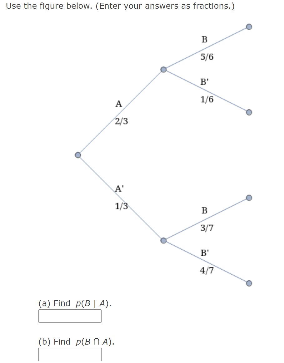 Use the figure below. (Enter your answers as fractions.)
В
5/6
B'
1/6
A
2/3
A'
1/3
В
3/7
B'
4/7
(a) Find p(B | A).
(b) Find p(B N A).
