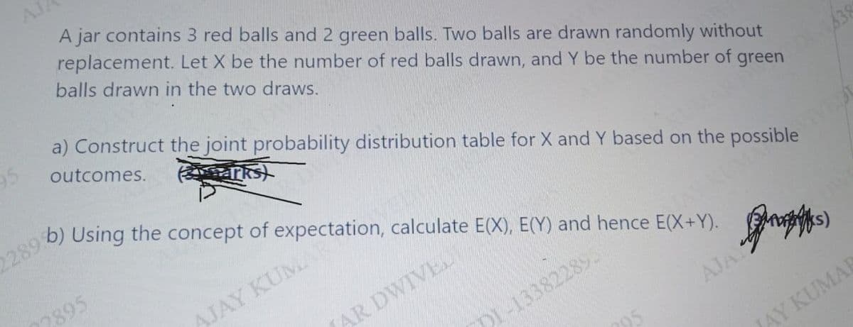 95
2895
AJ
A jar contains 3 red balls and 2 green balls. Two balls are drawn randomly without
replacement. Let X be the number of red balls drawn, and Y be the number of green
balls drawn in the two draws.
(I)
a) Construct the joint probability distribution table for X and Y based on the possible
outcomes.
KUMAR D
2289 b) Using the concept of expectation, calculate E(X), E(Y) and hence E(X+Y).
JAY KUM
AR DWIVEL
DI-13382289.
JAY KUM
AJA
Joups)
AY KUMAR