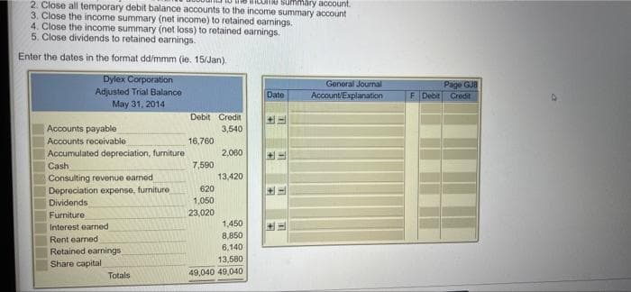 2. Close all temporary debit balance accounts to the income summary account
e summary account.
3. Close the income summary (net income) to retained earnings.
4. Close the income summary (net loss) to retained earnings.
5. Close dividends to retained earnings.
Enter the dates in the format dd/mmm (ie. 15/Jan).
Dylex Corporation
General Journal
Account/Explanation
Adjusted Trial Balance
May 31, 2014
Date
Debit Credit
Accounts payable
Accounts receivable
3,540
16,760
Accumulated depreciation, furniture
2,060
Cash
7,590
Consulting revenue eamed
13,420
Depreciation expense, furniture
620
Dividends
1,050
Furniture
23,020
Interest earned
1,450
Rent earned
8,850
Retained earnings
6,1401
Share capital
13,580
49,040 49,040
Totals
+
4
1
4
LE
23
n
Page GUB
F Debit Credit