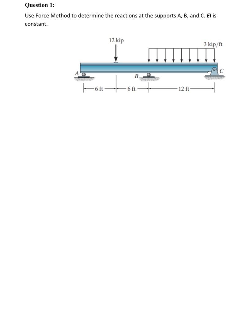 Question 1:
Use Force Method to determine the reactions at the supports A, B, and C. El is
constant.
-6 ft-
12 kip
B.
6 ft
202904
12 ft-
3 kip/ft
VYSINGE