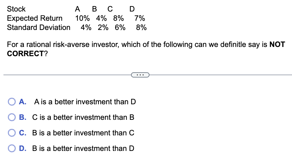 Stock
A B C
D
Expected Return 10% 4% 8% 7%
Standard Deviation 4% 2% 6% 8%
For a rational risk-averse investor, which of the following can we definitle say is NOT
CORRECT?
O A. A is a better investment than D
B. C is a better investment than B
C. B is a better investment than C
D. B is a better investment than D