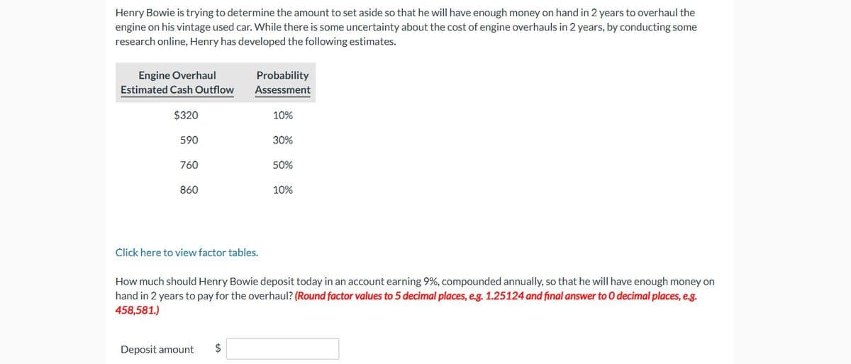 Henry Bowie is trying to determine the amount to set aside so that he will have enough money on hand in 2 years to overhaul the
engine on his vintage used car. While there is some uncertainty about the cost of engine overhauls in 2 years, by conducting some
research online, Henry has developed the following estimates.
Engine Overhaul
Estimated Cash Outflow
$320
590
760
860
Click here to view factor tables.
Probability
Assessment
Deposit amount
$
10%
30%
50%
How much should Henry Bowie deposit today in an account earning 9%, compounded annually, so that he will have enough money on
hand in 2 years to pay for the overhaul? (Round factor values to 5 decimal places, e.g. 1.25124 and final answer to O decimal places, e.g.
458,581.)
10%