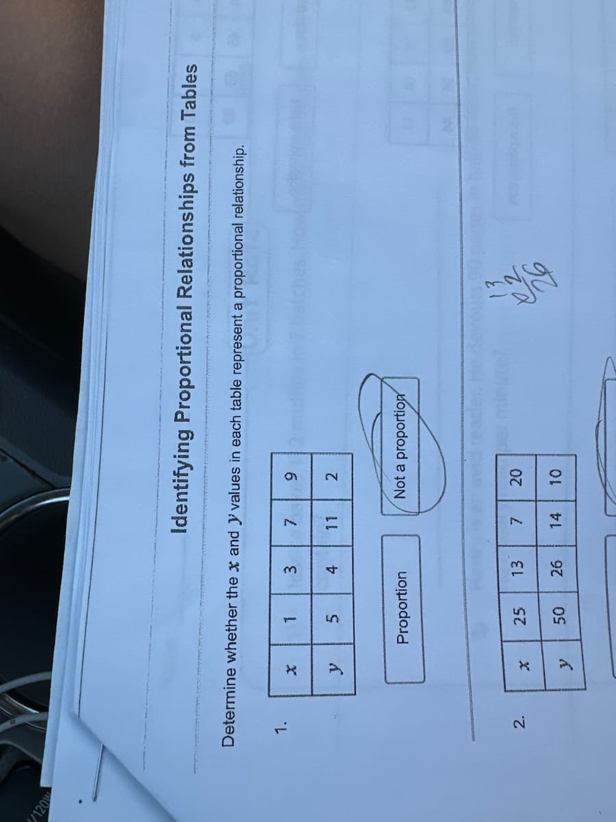 120
Determine whether the * and values in each table represent a proportional relationship.
1.
2.
X
y
y
evement
1
5
25
3
Proportion
50
4
13
Identifying Proportional Relationships from Tables
26
7
11
9
2
Not a proportion
7 20
14 10
02
26