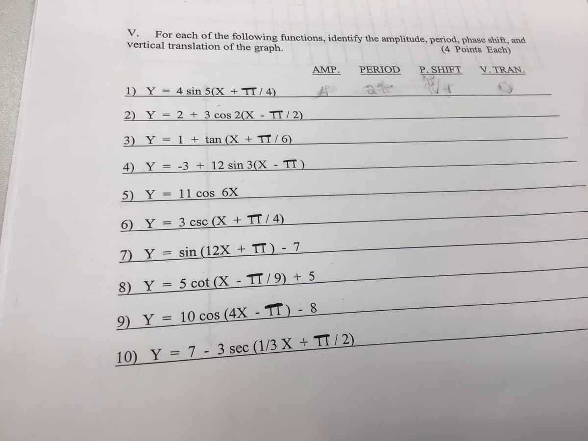 V.
For each of the following functions, identify the amplitude, period, phase shift, and
vertical translation of the graph.
(4 Points Each)
AMP.
PERIOD
P. SHIFT
V. TRAN.
1)
Y = 4 sin 5(X + TT / 4)
2) Y = 2 +3 cos 2(X- TT/2)
3) Y = 1 + tan (X + TT/ 6)
4) Y = -3 + 12 sin 3(X - TT)
5) Y = 11 cos 6X
6) Y = 3 csc (X + TT/ 4)
7) Y =
sin (12X + TT) - 7
8) Y = 5 cot (X - TT/9) + 5
9) Y = 10 cos (4X - TT) - 8
10) Y = 7 - 3 sec (1/3 X + TT/2)

