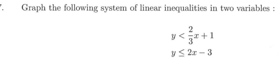 Graph the following system of linear inequalities in two variables :
y < -x+ 1
Y< 2x – 3
