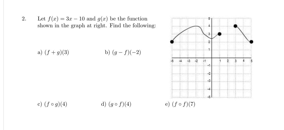 Let f(x) = 3x – 10 and g(x) be the function
shown in the graph at right. Find the following:
2.
a) (f + g)(3)
b) (g – f)(-2)
c) (fog)(4)
d) (go f)(4)
e) (f o f)(7)
12
