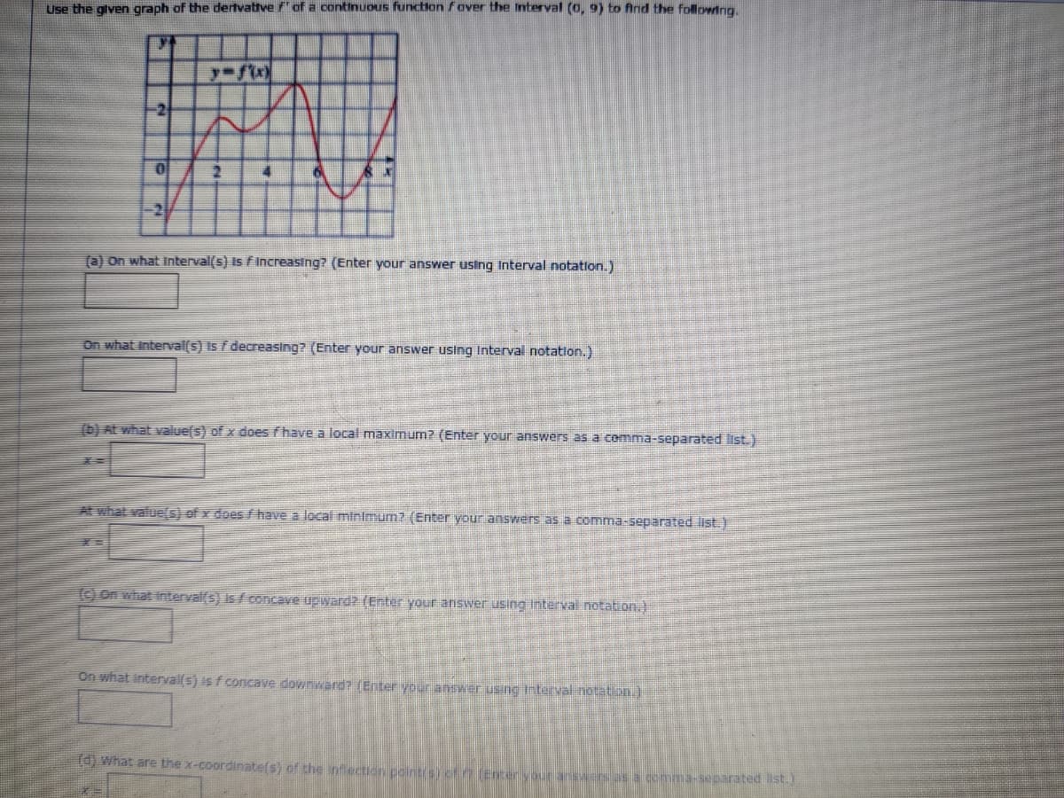 Use the glven graph of the dertvative f'of a continuous function Faver the Interval (0, 9) to find the following
2
-2
(a) On what interval(s) is fIncreasing? (Enter your answer using Interval notation.)
On what interval(s) Is f decreasing? (Enter your answer using Interval notation.)
(b) At what value(s) of x does fhave a lecal maximum? (Enter your answers as a comma-separated list.)
At what valuEs) of x does /have a local minimum? (Enter your answers as a comma-separated list.)
() on what interval(s) is/concave upward? (Enter your answer using Intervai notation.)
On what interval(s) is f concave downward? (Enter your answer using trterval notation.)
(d) what are the x-coordinate(s) of the infiection pointLSiofn (Encer
comma-separated ist.
