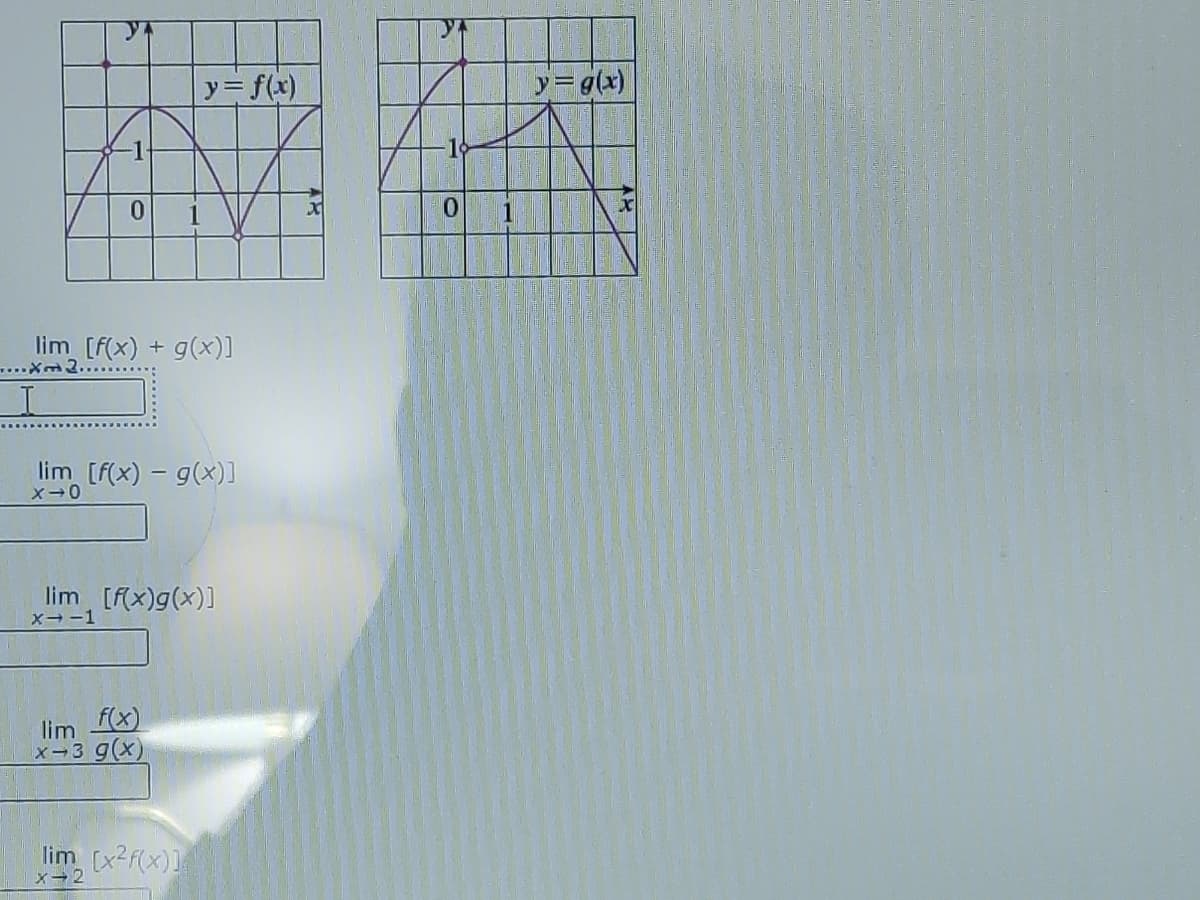 y= f(x)
y=g(x)
-1
0.
1
0.
lim [F(x) + g(x)]
lim [f(x) – g(x)]
lim [f(x)g(x)]
x--1
lim fx)
x-3 g(x)
lim (x2f(x)]
