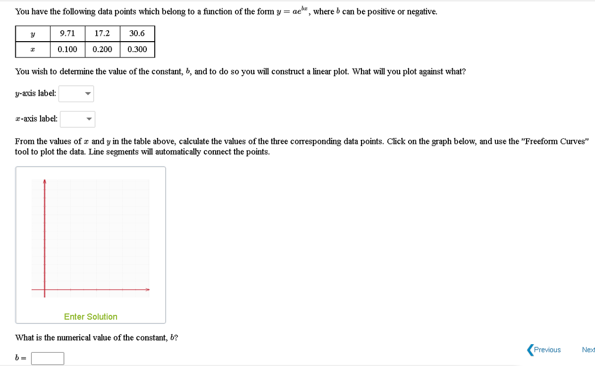 You have the following data points which belong to a function of the form y = ae0", where b can be positive or negative.
9.71
17.2
30.6
0.100
0.200
0.300
You wish to determine the value of the constant, b, and to do so you will construct a linear plot. What will you plot against what?
y-axis label:
x-axis label:
From the values of x and y in the table above, calculate the values of the three corresponding data points. Click on the graph below, and use the "Freeform Curves"
tool to plot the data. Line segments will automatically connect the points.
Enter Solution
What is the numerical value of the constant, b?
Previous
Nex
b =
