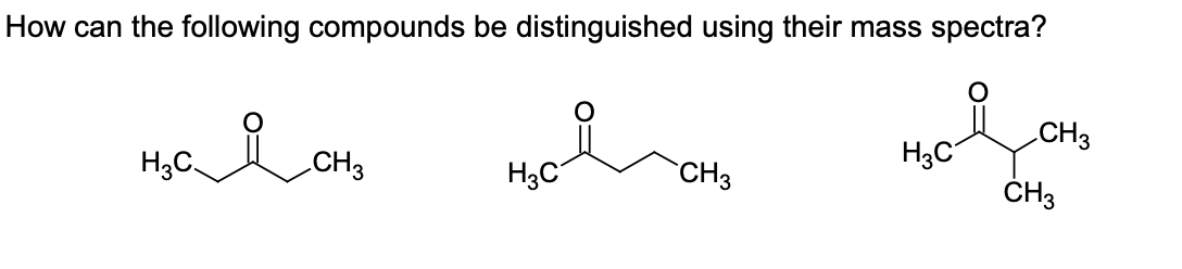 How can the following compounds be distinguished using their mass spectra?
CH3
H3C
ČH3
H3C.
CH3
H3C
CH3
