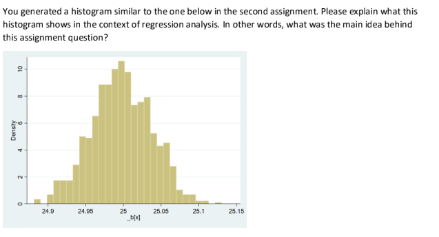 You generated a histogram similar to the one below in the second assignment. Please explain what this
histogram shows in the context of regression analysis. In other words, what was the main idea behind
this assignment question?
Density
10
00
N
24.9
24.95
25
_b[x]
25.05
25.1
25.15