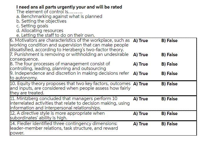 I need ans all parts urgently your and will be rated
The element of control i...
a. Benchmarking against what is planned
b. Setting the objectives
c. Setting goals
d. Allocating resources
e. Letting the staff to do on their own.
6. Motivators are characteristics of the workplace, such as A) True
working condition and supervision that can make people
dissatisfied, according to Herzberg's two-factor theory.
7. Punishment is removing or withholding an undesirable A) True
consequence.
8. The four processes of management consist of
controlling, leading, planning and outsourcing
9. Independence and discretion in making decisions refer A) True
to autonomy.
10. Equity theory proposes that two key factors, outcomes A) True
and inputs, are considered when people assess how fairly
they are treated.
11. Mintzberg concluded that managers perform 10
interrelated activities that relate to decision making, using
information and interpersonal relationships.
12. A directive style is more appropriate when
subordinates' ability is high.
14. Fiedler identified three contingency dimensions:
leader-member relations, task structure, and reward
power.
B) False
B) False
A) True
B) False
B) False
B) False
A) True
B) False
A) True
B) False
A) True
B) False
