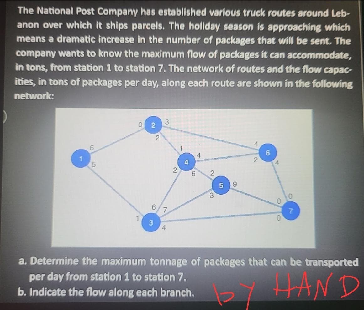 The National Post Company has established various truck routes around Leb-
anon over which it ships parcels. The holiday season is approaching which
means a dramatic increase in the number of packages that will be sent. The
company wants to know the maximum flow of packages it can accommodate,
in tons, from station 1 to station 7. The network of routes and the flow capac-
ities, in tons of packages per day, along each route are shown in the following
network:
6
5
1
2
2
6
3
3
7
4
2
4
6
4
2
3
5
9
2
6
4
0
0
0
7
a. Determine the maximum tonnage of packages that can be transported
per day from station 1 to station 7,
HAND
b. Indicate the flow along each branch.