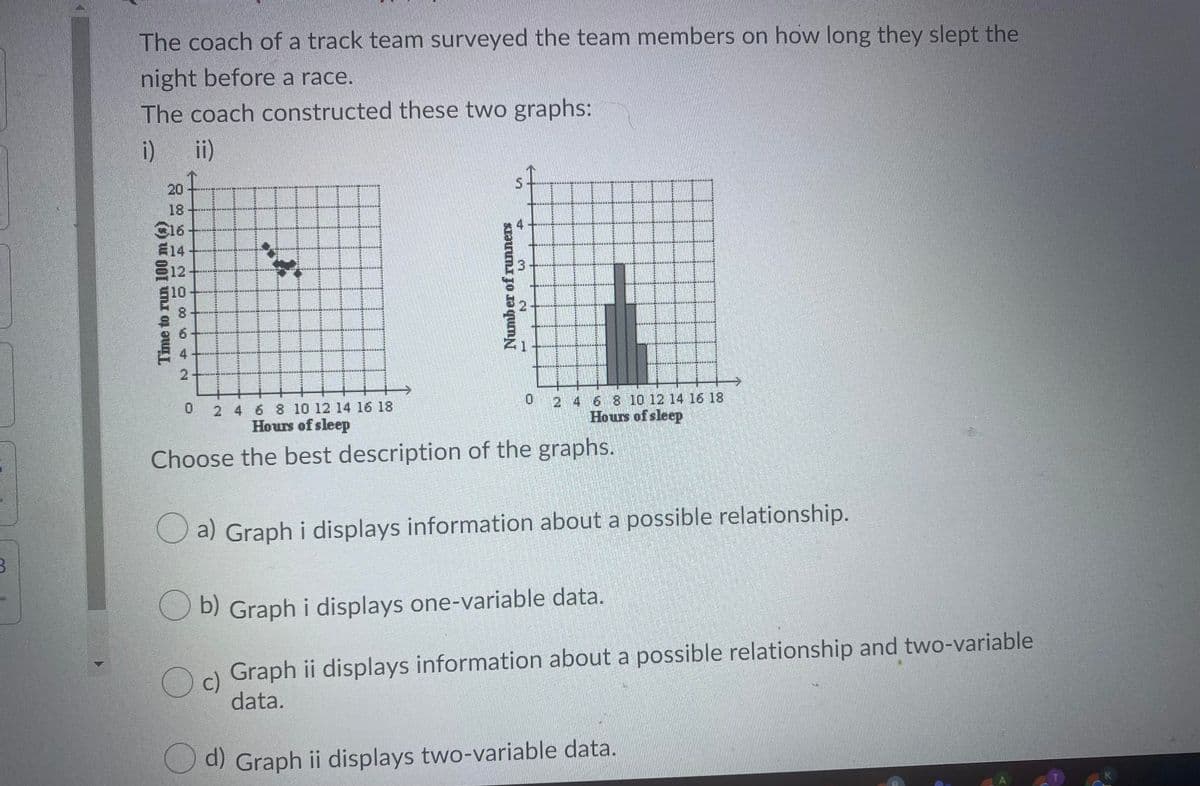 The coach of a track team surveyed the team members on how long they slept the
night before a race.
The coach constructed these two graphs:
i) ii)
20
18
E14
312
510
3.
6.
4
2
0 2 4 6 8 10 12 14 16 18
Hours of sleep
2 4 6 8 10 12 14 16 18
Hours of sleep
Choose the best description of the graphs.
a) Graph i displays information about a possible relationship.
b) Graph i displays one-variable data.
Graph ii displays information about a possible relationship and two-variable
Oc)
data.
Od) Graph ii displays two-variable data.
Time to run 100 m
Number of runners
