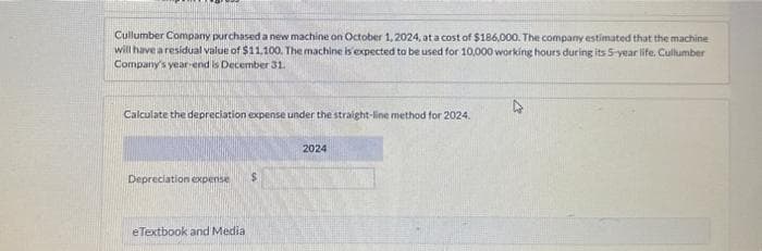 Cullumber Company purchased a new machine on October 1, 2024, at a cost of $186,000. The company estimated that the machine
will have a residual value of $11,100. The machine is expected to be used for 10,000 working hours during its 5-year life. Cullumber
Company's year-end is December 31.
Calculate the depreciation expense under the straight-line method for 2024.
Depreciation expense
eTextbook and Media
2024