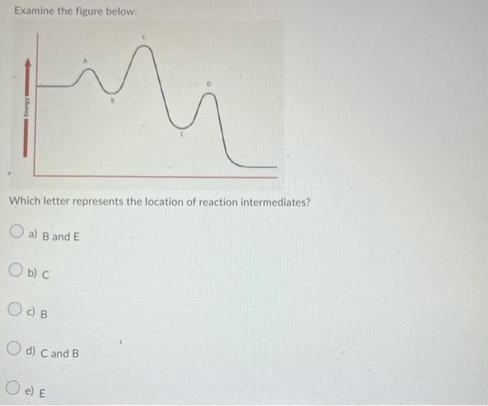 Examine the figure below:
Energy1
Which letter represents the location of reaction intermediates?
a) B and E
O b) C
Od B
d) C and B
O e) E