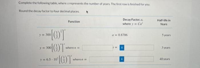 Complete the following table, where x represents the number of years. The first row is finished for you.
Round the decay factor to four decimal places.
Decay Factor, a,
Half-life in
Function
where y= Ca
Years
y= 300
a = 0.8706
S years
y 300
where n
3 years
y= 6.5 - 10
where n=
40 years
