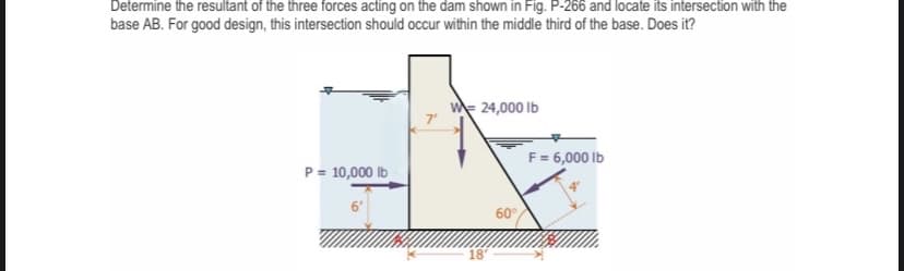 Determine the resultant of the three forces acting on the dam shown in Fig. P-266 and locate its intersection with the
base AB. For good design, this intersection should occur within the middle third of the base. Does it?
W= 24,000 Ib
7'
F= 6,000 lb
P = 10,000 lb
60°
