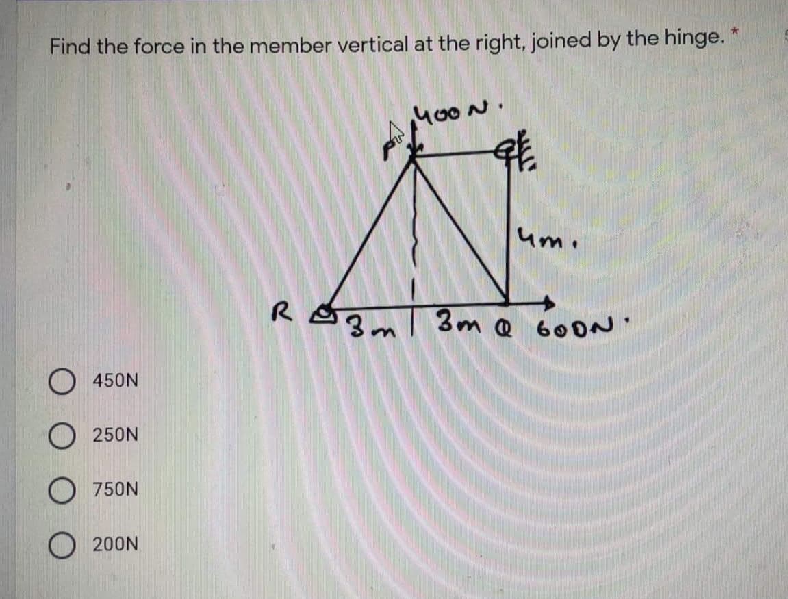 Find the force in the member vertical at the right, joined by the hinge. "
M00N.
um.
R
3m Q 60DN'
un
450N
250N
750N
200N
