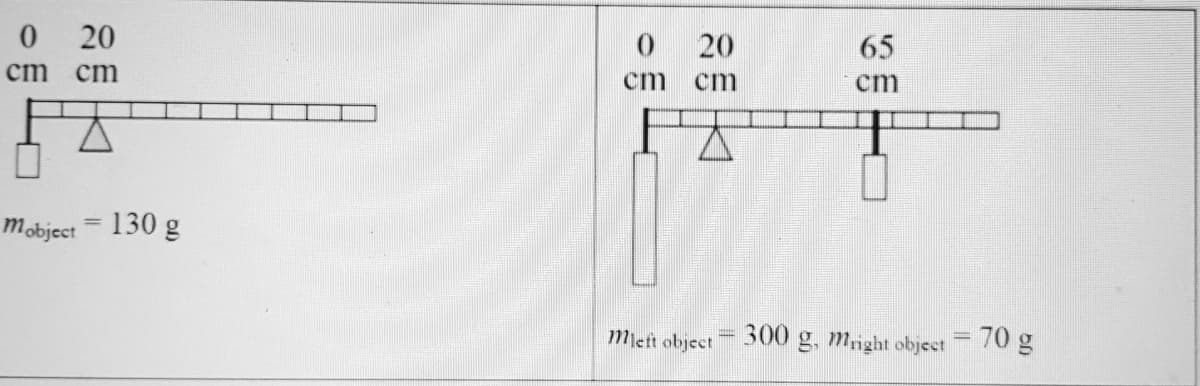 0 20
0 20
65
ст ст
cm
cm
cm
Mobject = 130 g
Mett object
300 g, mnght objeet= 70 g
