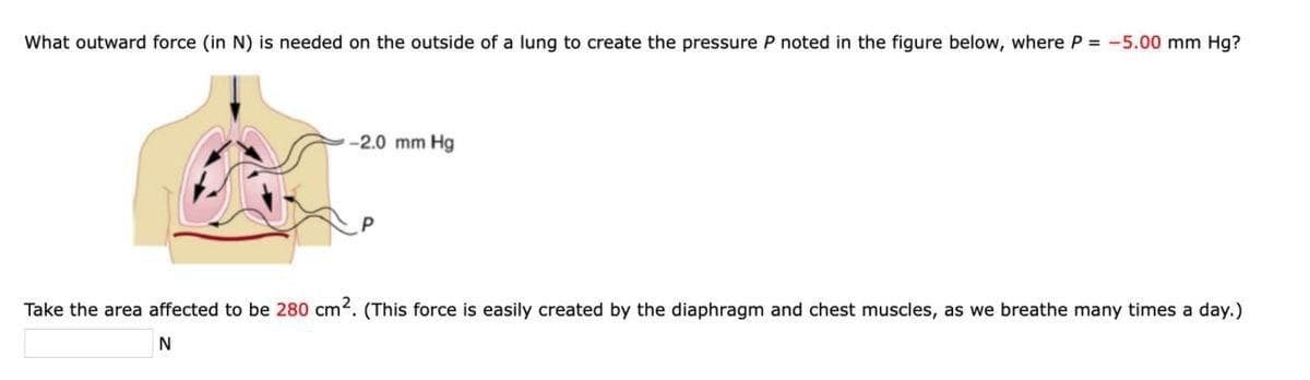 What outward force (in N) is needed on the outside of a lung to create the pressure P noted in the figure below, where P = -5.00 mm Hg?
-2.0 mm Hg
Take the area affected to be 280 cm2. (This force is easily created by the diaphragm and chest muscles,
we breathe many times a day.)
N
