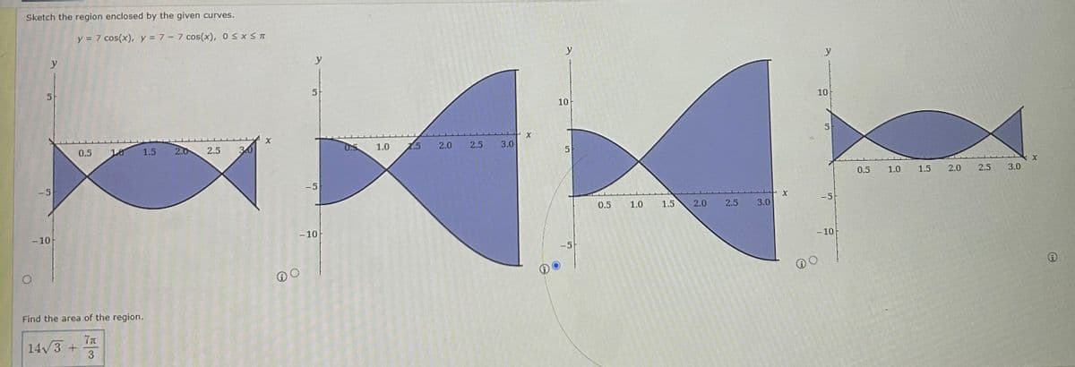 Sketch the region enclosed by the given curves.
y
5
-5
-10
y = 7 cos(x), y = 7 - 7 cos(x), 0≤x≤ T
0.5
14√3+
10
1.5 2.0
Find the area of the region.
7π
3
2.5
3.0
X
y
5
-5
- 10
0.5
1.0
2.5
2.0
2.5
3.0
X
y
10
5
0.5
1.0
1.5
2.0
2.5
3.0
X
y
10
5
-5
-10
0.5
1.0
1.5
2.0
2.5
3.0
X