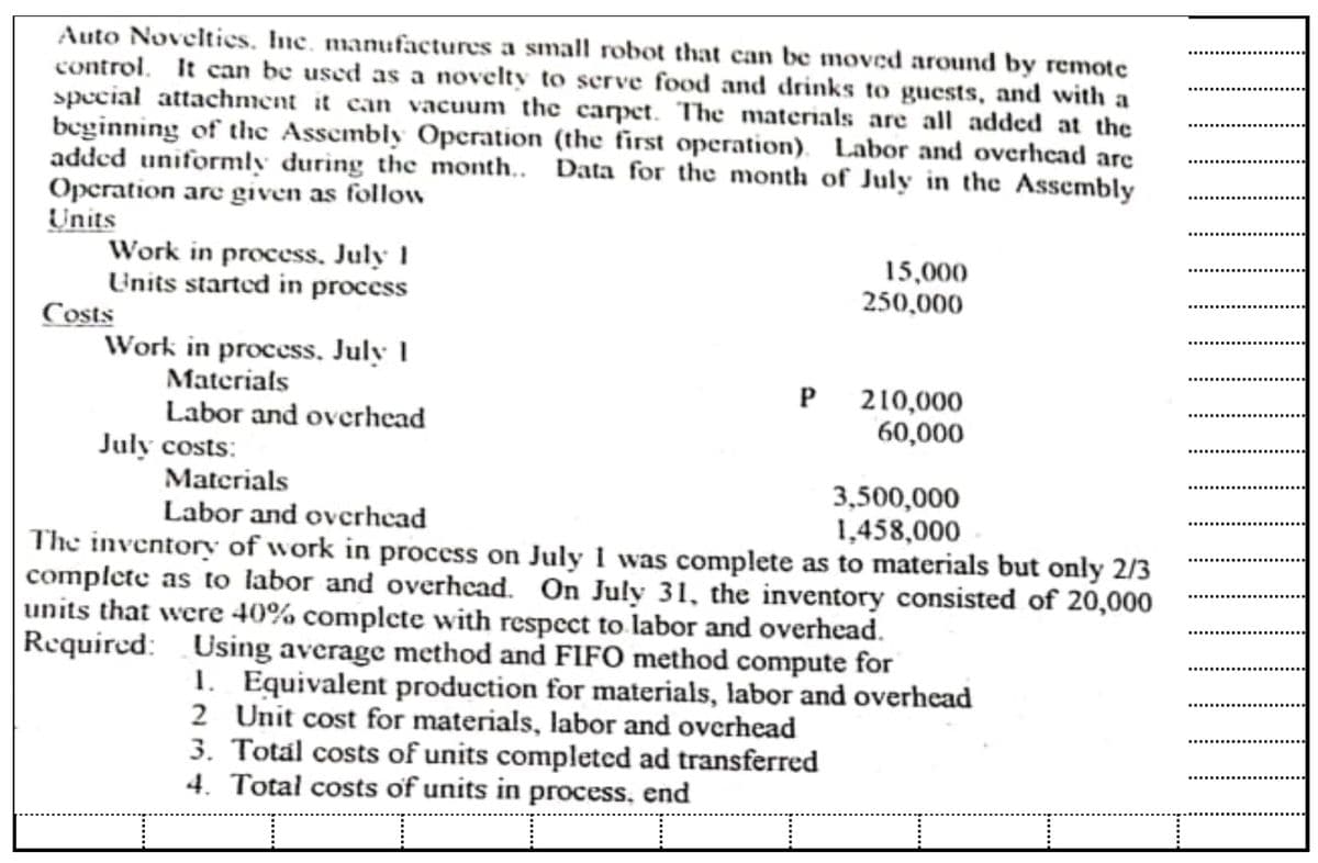 Auto Novelties. Ine. manufactures a small robot that can be moved around by remote
control. It can be used as a novelty to serve food and drinks to guests, and with a
special attachment it can vacuum the carpet. The materials are all added at the
beginning of the Assembly Operation (the first operation). Labor and overhead are
added uniformly during the month.. Data for the month of July in the Assembly
Opcration are given as follow
Units
Work in process, July 1
LUnits started in process
Costs
Work in process, July 1
15,000
250,000
Materials
Labor and overhead
P
210,000
60,000
July costs:
Materials
Labor and overhead
3,500,000
1,458,000
The inventory of work in process on July 1 was complete as to materials but only 2/3
complete as to labor and overhead. On July 31, the inventory consisted of 20,000
units that were 40% complete with respect to labor and overhead.
Required: Using average method and FIFO method compute for
1. Equivalent production for materials, labor and overhead
2 Unit cost for materials, labor and overhead
3. Totál costs of units completcd ad transferred
4. Totał costs of units in process, end
