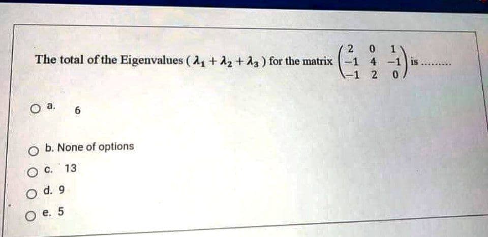 The total of the Eigenvalues ( + A2 + A3) for the matrix -1 4 -1 is.
2 0
-1 2
оа.
b. None of options
O C. 13
d. 9
Ое. 5
