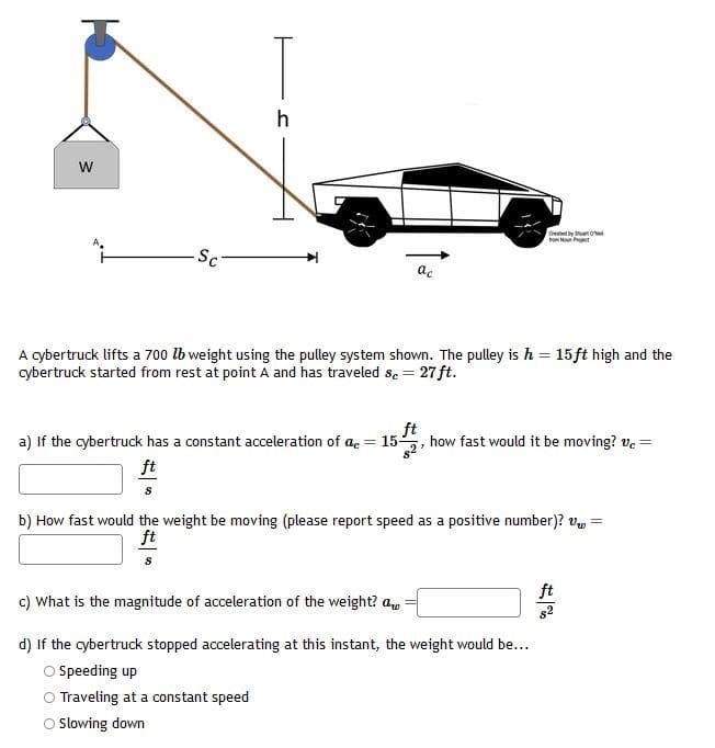 W
h
Sc
Created by Od
ac
A cybertruck lifts a 700 lb weight using the pulley system shown. The pulley is h = 15ft high and the
cybertruck started from rest at point A and has traveled sc = 27 ft.
ft
a) If the cybertruck has a constant acceleration of a = 151, how fast would it be moving? ve =
ft
S
===
b) How fast would the weight be moving (please report speed as a positive number)?v=
ft
S
c) What is the magnitude of acceleration of the weight? a
d) If the cybertruck stopped accelerating at this instant, the weight would be...
○ Speeding up
Traveling at a constant speed
Slowing down
ft
$2
4%