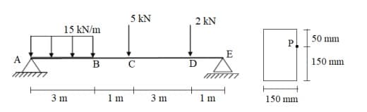 5 kN
2 kN
15 kN/m
50 mm
P.
E
150 mm
В
1 m
3 m
1 m
150 mm
3 m
