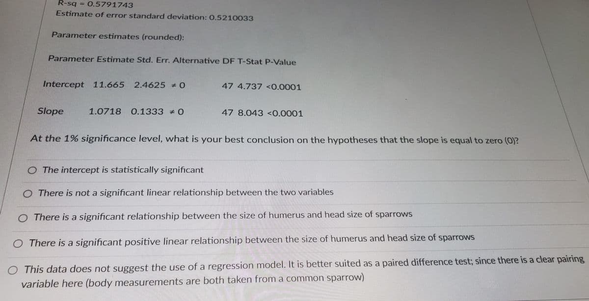 R-sq = 0.5791743
Estimate of error standard deviation: 0.5210033
Parameter estimates (rounded):
Parameter Estimate Std. Err. Alternative DF T-Stat P-Value
Intercept 11.665 2.4625 # 0
Slope
1.0718 0.1333 0
47 4.737 <0.0001
O The intercept is statistically significant
47 8.043 <0.0001
At the 1% significance level, what is your best conclusion on the hypotheses that the slope is equal to zero (0)?
O There is not a significant linear relationship between the two variables
O There is a significant relationship between the size of humerus and head size of sparrows
O There is a significant positive linear relationship between the size of humerus and head size of sparrows
O This data does not suggest the use of a regression model. It is better suited as a paired difference test; since there is a clear pairing
variable here (body measurements are both taken from a common sparrow)