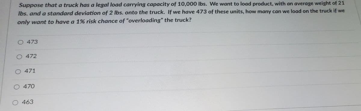 Suppose that a truck has a legal load carrying capacity of 10,000 lbs. We want to load product, with an average weight of 21
lbs. and a standard deviation of 2 lbs. onto the truck. If we have 473 of these units, how many can we load on the truck if we
only want to have a 1% risk chance of "overloading" the truck?
O 473
O 472
O 471
O 470
O 463