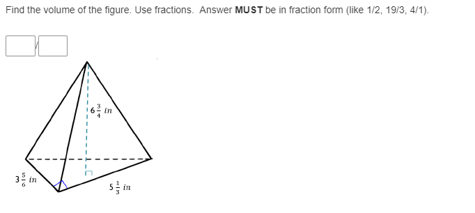 Find the volume of the figure. Use fractions. Answer MUST be in fraction form (like 1/2, 19/3, 4/1).
in
3 in
s in
