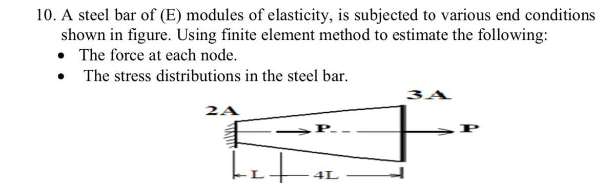 10. A steel bar of (E) modules of elasticity, is subjected to various end conditions
shown in figure. Using finite element method to estimate the following:
• The force at each node.
The stress distributions in the steel bar.
3A
2A
P
4L
