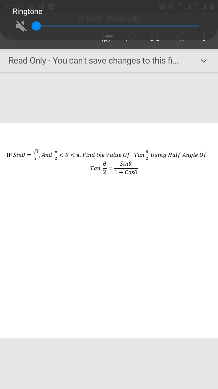 V3
IF Sine =, And < 0 < n.Find the Value 0f Tan- Using Half Angle Of
Sine
Тan
1+ Cose
