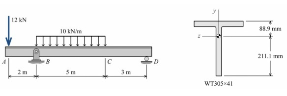 12 kN
2 m
B
10 kN/m
5 m
C
3 m
D
T
WT305x41
88.9 mm
211.1 mm