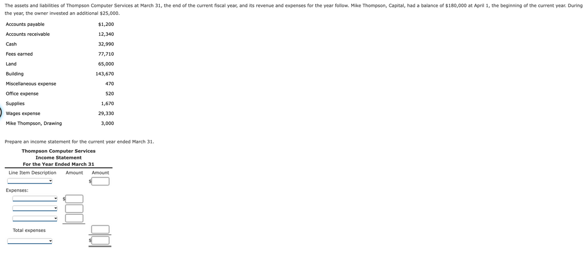 The assets and liabilities of Thompson Computer Services at March 31, the end of the current fiscal year, and its revenue and expenses for the year follow. Mike Thompson, Capital, had a balance of $180,000 at April 1, the beginning of the current year. During
the year, the owner invested an additional $25,000.
Accounts payable
Accounts receivable
Cash
Fees earned
Land
Building
Miscellaneous expense
Office expense
Supplies
Wages expense
Mike Thompson, Drawing
$1,200
12,340
32,990
77,710
65,000
143,670
Expenses:
470
Total expenses
520
Prepare an income statement for the current year ended March 31.
Thompson Computer Services
1,670
29,330
3,000
Income Statement
For the Year Ended March 31
Line Item Description Amount Amount