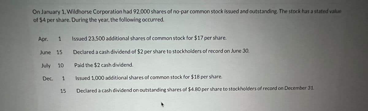 On January 1, Wildhorse Corporation had 92,000 shares of no-par common stock issued and outstanding. The stock has a stated value
of $4 per share. During the year, the following occurred.
Apr. 1 Issued 23,500 additional shares of common stock for $17 per share.
June 15
July 10
Dec.
1
15
Declared a cash dividend of $2 per share to stockholders of record on June 30,
Paid the $2 cash dividend.
Issued 1,000 additional shares of common stock for $18 per share.
Declared a cash dividend on outstanding shares of $4.80 per share to stockholders of record on December 31.