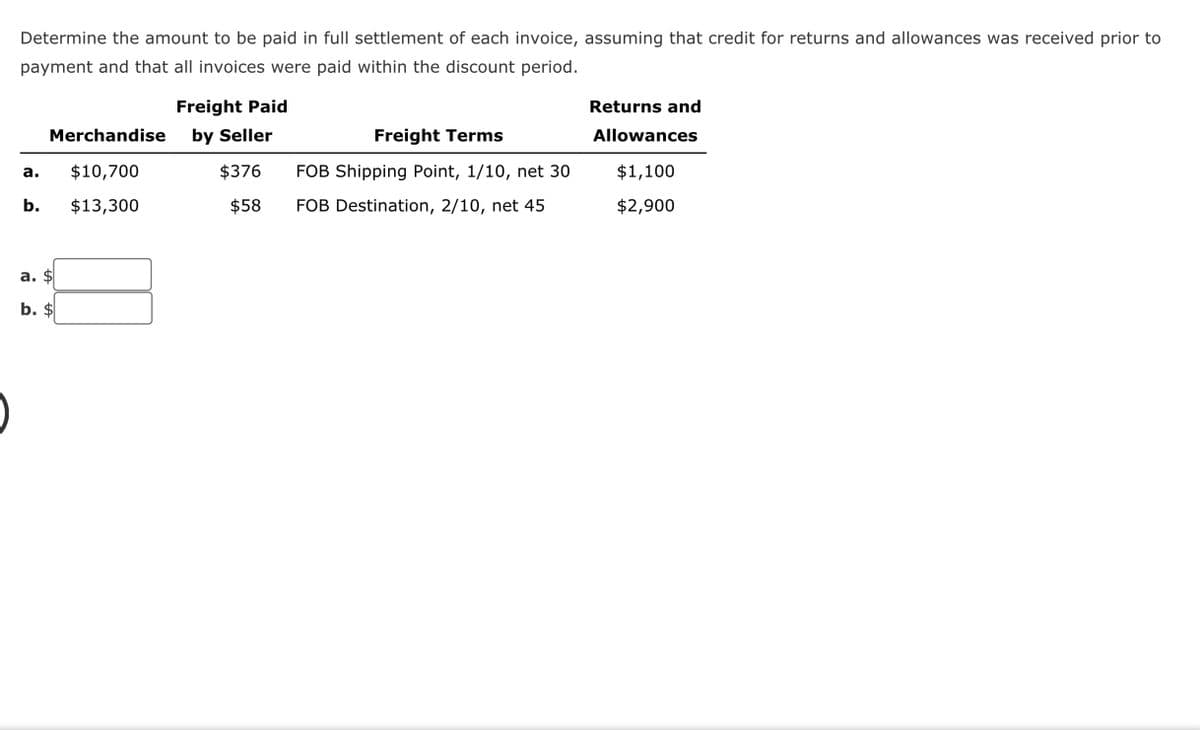 Determine the amount to be paid in full settlement of each invoice, assuming that credit for returns and allowances was received prior to
payment and that all invoices were paid within the discount period.
a.
b.
Merchandise
$10,700
$13,300
a. $
b. $
Freight Paid
by Seller
Freight Terms
$376
FOB Shipping Point, 1/10, net 30
$58 FOB Destination, 2/10, net 45
Returns and
Allowances
$1,100
$2,900