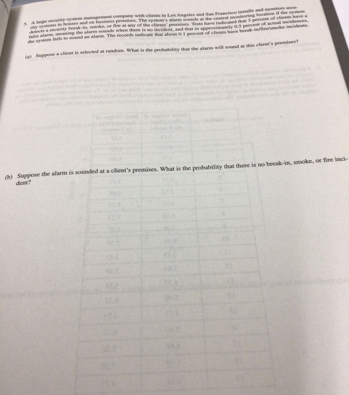 5. A large security-system management company with clients in Los Angeles and San Francisco installs and monitors secu-
rity systems in houses and on business premises. The system's alarm sounds at the central monitoring location if the system
detects a security break-in, smoke, or fire at any of the clients' premises. Tests have indicated that 3 percent of clients have a
false alarm, meaning the alarm sounds when there is no incident, and that in approximately 0.5 percent of actual incidences,
the system fails to sound an alarm. The records indicate that about 0.1 percent of clients have break-in/fire/smoke incidents.
(a) Suppose a client is selected at random. What is the probability that the alarm will sound at this client's premises?
(b) Suppose the alarm is sounded at a client's premises. What is the probability that there is no break-in, smoke, or fire inci-
dent?
ELE