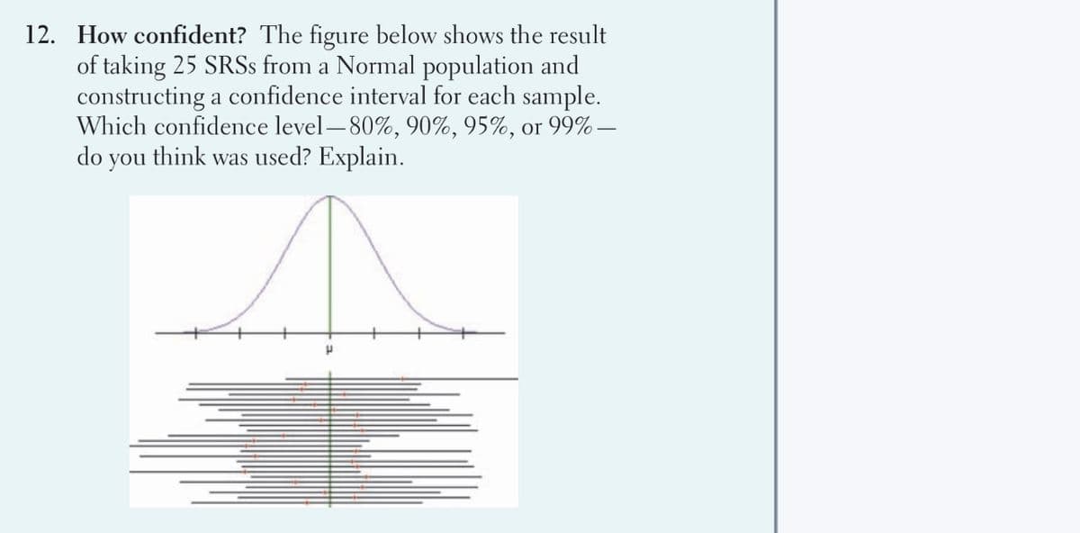 12. How confident? The figure below shows the result
of taking 25 SRSS from a Normal population and
constructing a confidence interval for each sample.
Which confidence level-80%, 90%, 95%, or 99% –
do you think was used? Explain.
