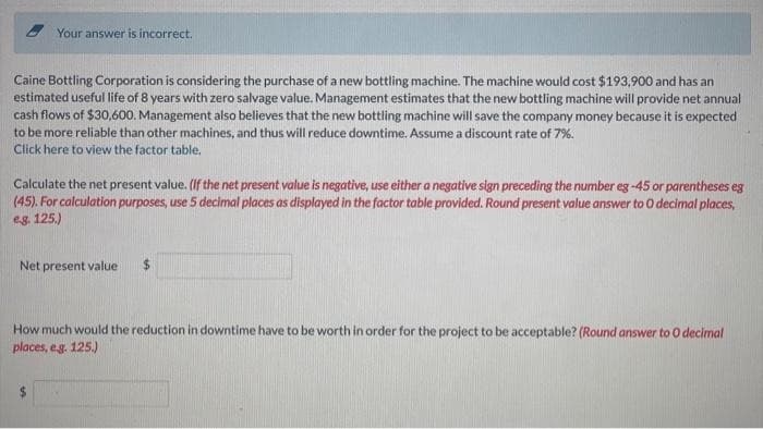Your answer is incorrect.
Caine Bottling Corporation is considering the purchase of a new bottling machine. The machine would cost $193,900 and has an
estimated useful life of 8 years with zero salvage value. Management estimates that the new bottling machine will provide net annual
cash flows of $30,600. Management also believes that the new bottling machine will save the company money because it is expected
to be more reliable than other machines, and thus will reduce downtime. Assume a discount rate of 7%.
Click here to view the factor table.
Calculate the net present value. (If the net present value is negative, use either a negative sign preceding the number eg -45 or parentheses eg
(45). For calculation purposes, use 5 decimal places as displayed in the factor table provided. Round present value answer to 0 decimal places,
eg. 125.)
Net present value $
How much would the reduction in downtime have to be worth in order for the project to be acceptable? (Round answer to O decimal
places, e.g. 125.)