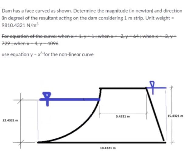 Dam has a face curved as shown. Determine the magnitude (in newton) and direction
(in degree) of the resultant acting on the dam considering 1 m strip. Unit weight =
9810.4321 N/m3
For equation of the Eurve: when x=1,y=4;when x= 2y=64; whenx= 3y=
729+whenx-4, y-4096
use equation y = x for the non-linear curve
무
5.4321 m
15.4321 m
12.4321 m
10.4321 m
